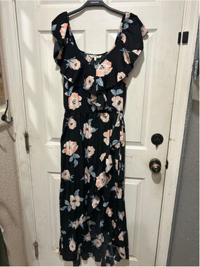 Women's Indulge Black Peach Floral High Low Dress L